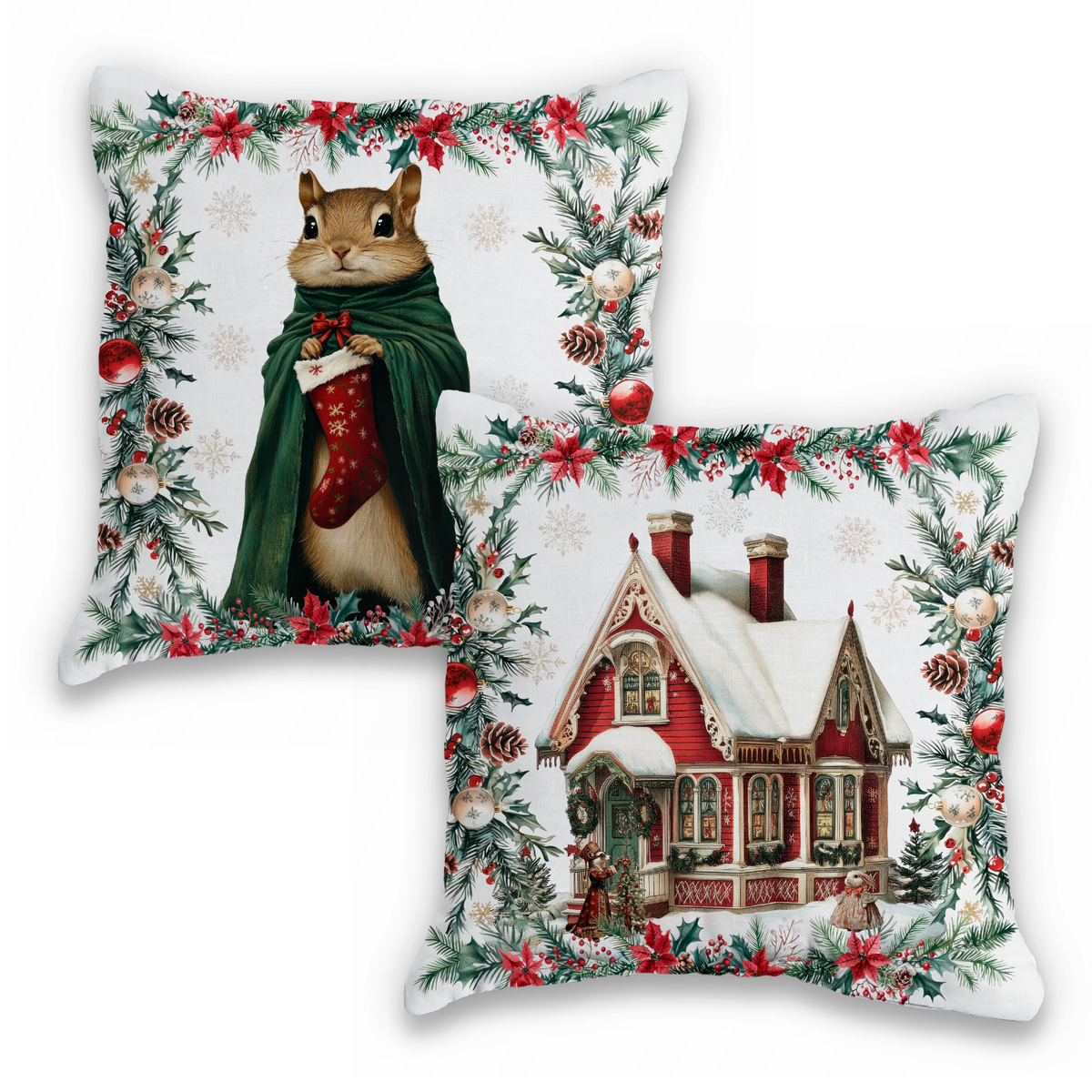 Xmas Village velvet decorative cushion with illustrated Christmas village print