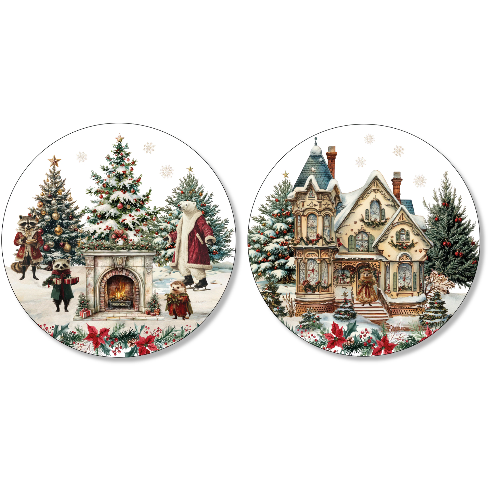 Xmas Village Set of 2 Wood and Cork Coasters, The Napking home textile