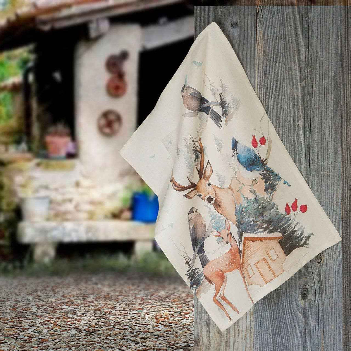 Buck lino puro paño de cocina con estampado de bosque, Paño de cocina Var.1