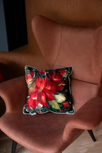 Grenade Green velvet decorative cushion with pomegranate and poinsettia print