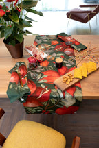 Grenade Green Cotton Satin table runner with pomegranate and poinsettia print
