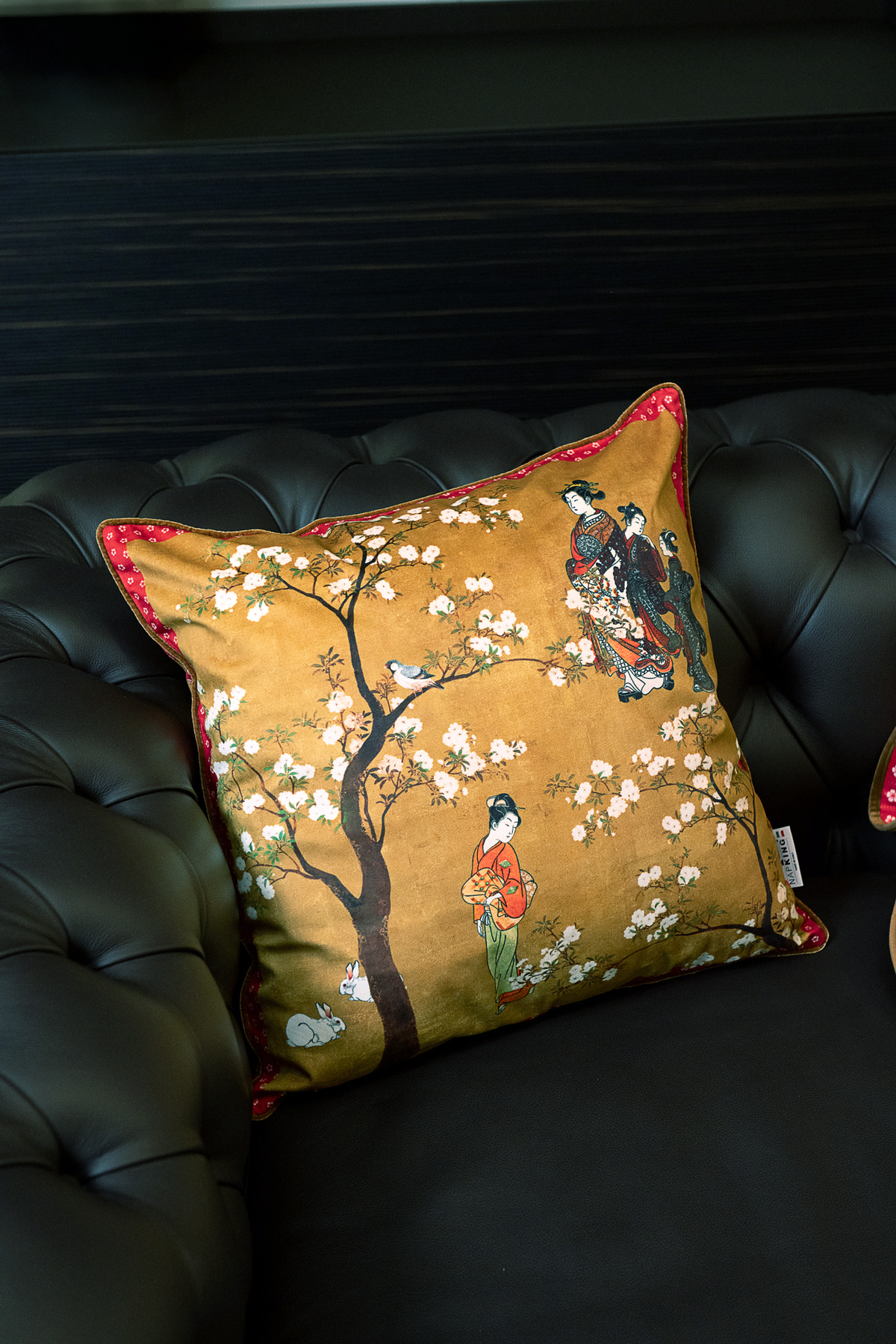 Ukiyo decorative velvet cushion with Japanese-inspired print, view 3